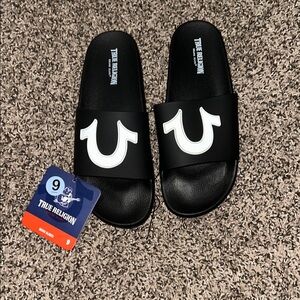 True Religion Black Sandals with White Logo